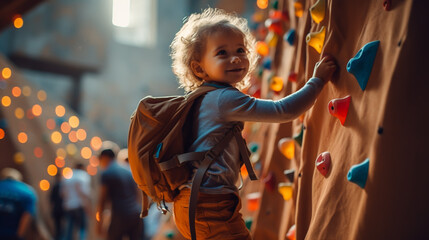 Fototapeta premium little kid do extreme sport named wall climbing