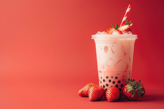 Delicious Strawberry Boba Tea with Fresh Strawberries and Red Background Design for Posters and Print