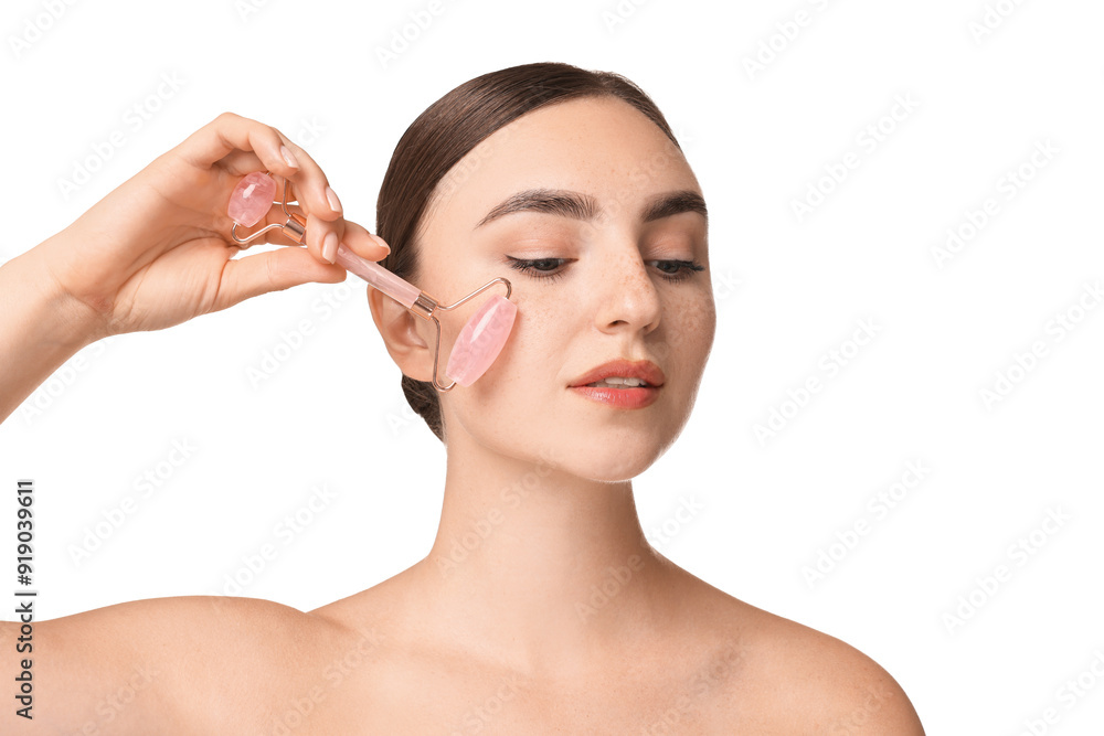 Poster Beautiful young woman doing facial massage with roller on white background