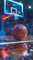 3D reflection of the hoop in a basketball on the court