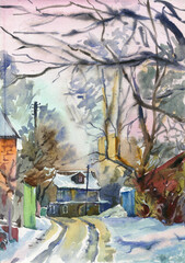 Watercolor landscape of winter in the east European Village. Handpainted illustration.