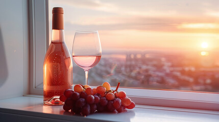 A bottle of wine, a glass of wine and a bunch of grapes on a windowsill against the background of a...