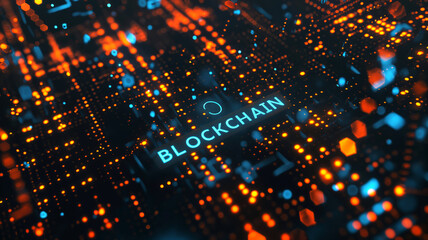 Concept of blockchain technology, digital interface, illuminated by array of glowing orange and blue lights, word BLOCKCHAIN is displayed in neon letters, serving as focal point