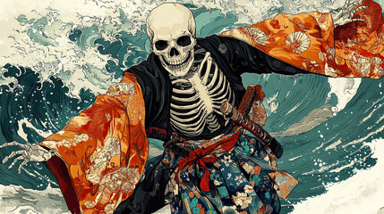 Fototapeta premium Japanese skeleton samurai in kimono with waves background