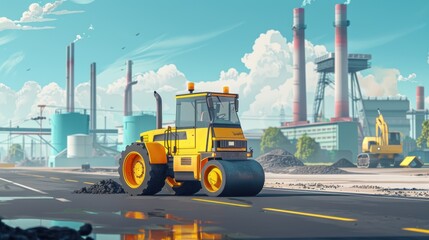 Industrial Construction Scene with a Yellow Roller