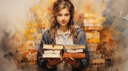 Woman with vintage books stacks and open books. Watercolor hand painted school concept illustration. Book lover design. Education themed clipart.