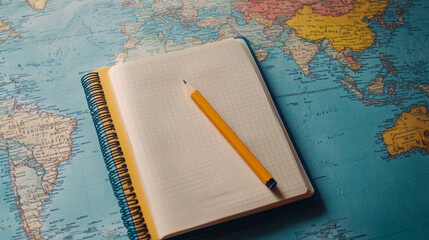 "A pencil placed on a notebook featuring a world map, evoking a travel journal concept."