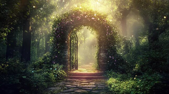 An ancient and mysterious gate standing in the midst of a fantastical landscape, surrounded by otherworldly elements and enchanting  Seamless looping 4k time-lapse virtual video animation Generated AI