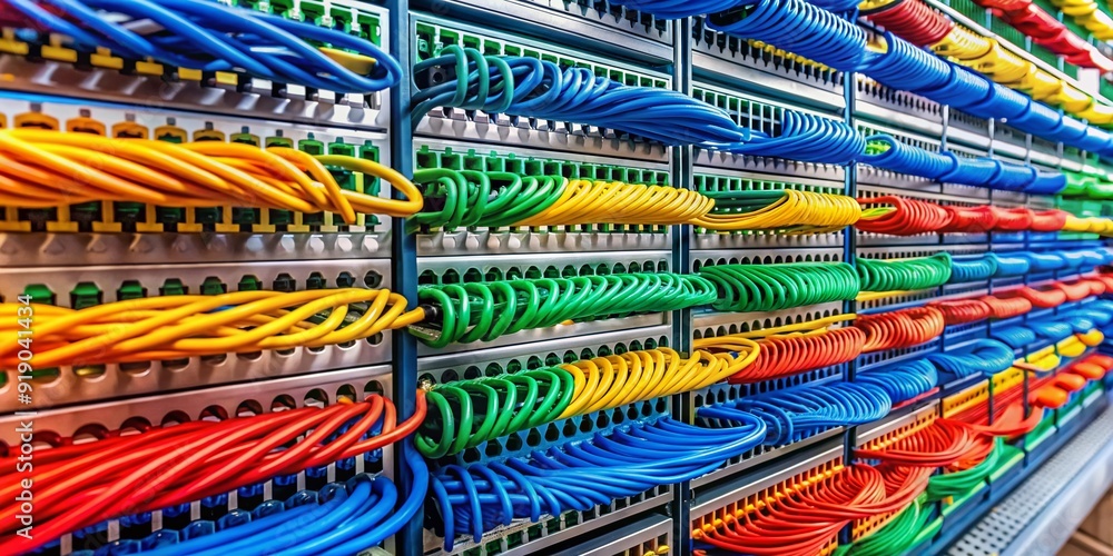 Aufkleber colorful internet lan cables organized on a server rack in a modern data center, facilitating secure