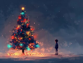 Obraz premium Bright Christmas Tree Illustration with Festive Lights and Copy Space for Greetings Card Design