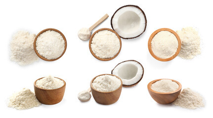 Collage with coconut flour isolated on white, top and side views