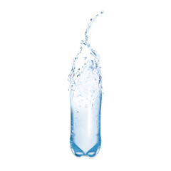Splashing water continuing shape of bottle on white background