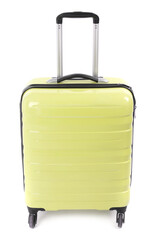 One closed yellow suitcase isolated on white