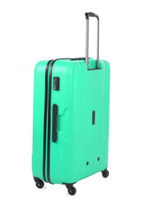 One closed turquoise suitcase isolated on white