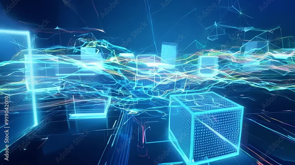Poster a captivating display of digital elements and colorful lines weaving through a virtual environment.