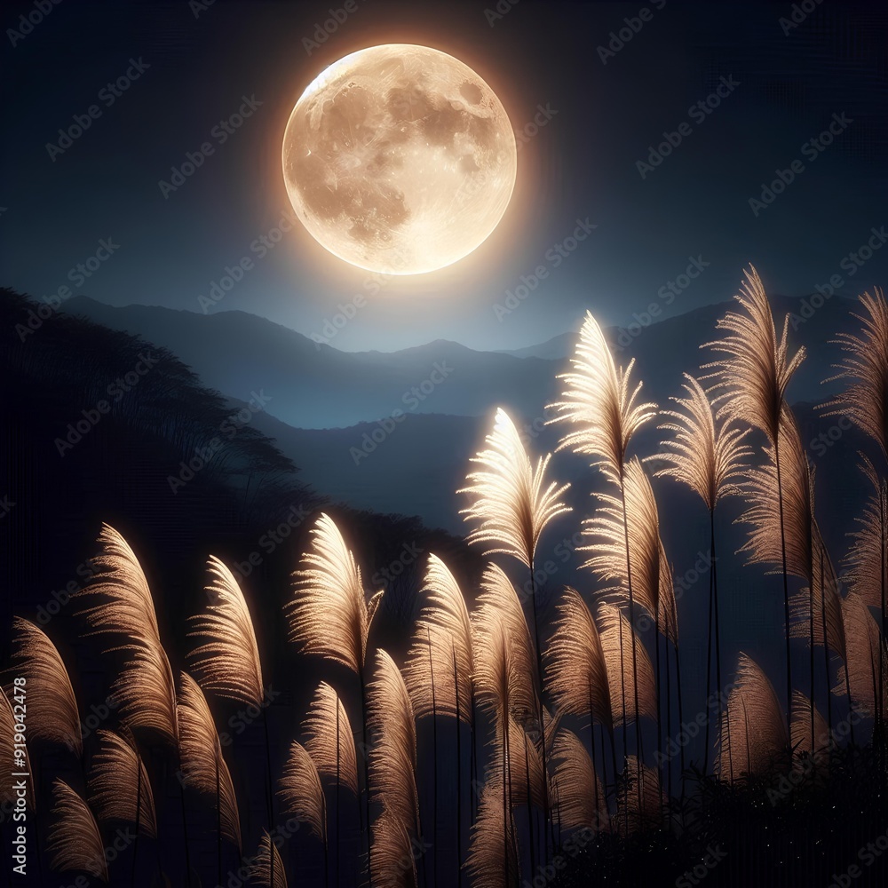 Wall mural full moon and pampas grass shining in the night sky.