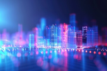 Fototapeta premium Science and Technology Forum Visual, vibrant blue gradient backdrop, dynamic light effects, innovative linear designs, urban city elements, and a captivating space-inspired atmosphere