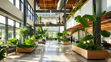 Modern Office Interior with Greenery and Natural Light.