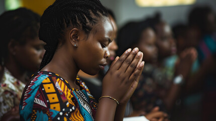 Naklejka premium Profile of a black woman standing in quiet devotion at a religious event, hand in praying gesture