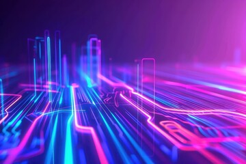 Obraz premium Science and Technology Forum Visual, blue gradient backdrop, captivating light effects, innovative line designs, cosmic artistic concept, cityscape line graphics, enchanting illumination