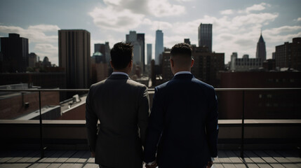 LGBT couple hugging outdoors. LGBT rainbow flag.