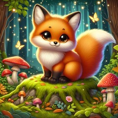Fototapeta premium Cute fox in a fantastic forest.
