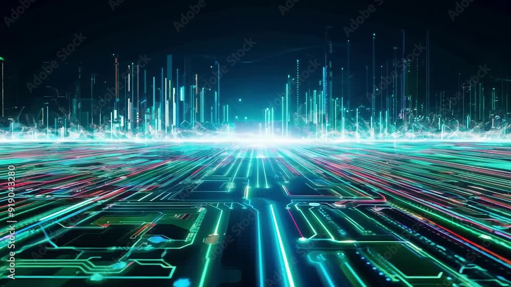Poster a vibrant, futuristic landscape filled with glowing circuit patterns and illuminated lines, creating