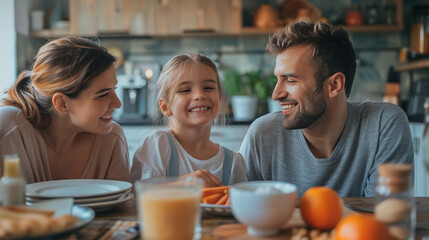 Father, mother, and daughter share breakfast in the kitchen, bonding over orange juice and pastries