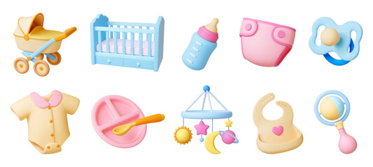3d baby elements. Baby stroller and cradle, pacifier mobile and plate. Realistic render style newborn icons. Isolated toddler equipment pithy vector set