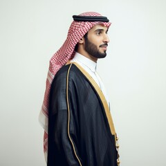 Saudi man thinking ( front view) isolated on white background
