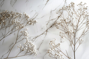 Obraz premium Flat lay of gypsophila, or bride's veil, flowers arranged on a marble surface with light grey veins