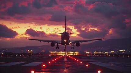 Airplane taking off from an airport runway during twilight, vibrant colors in the sky, runway lights glowing, busy airport in the background, detailed textures on the airplane,