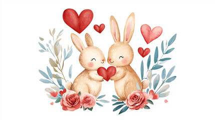 Obraz premium Two rabbits holding a heart in their paws. The image is a cute and romantic scene. The rabbits are surrounded by flowers, which adds to the overall feeling of love and affection.