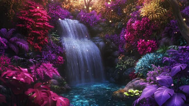A cascading waterfall set amidst a vibrant, colorful forest, with the rich hues of autumn leaves or blooming flora enhancing the nat Seamless looping 4k time-lapse virtual video animation Generated AI