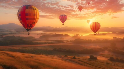 Naklejka premium Colorful hot air balloons rising above a serene landscape at sunrise, vibrant colors reflecting in the morning light, misty fields below, golden hues of the sky, tranquil atmosphere,