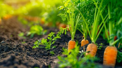 A row of carrots growing in a field of dirt
