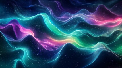 Obraz premium Abstract Colorful Wavy Lines with Glowing Particles on a Dark Background
