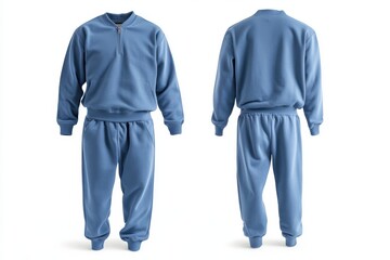 A blue tracksuit, including a zip-up top and matching pants, is displayed from the front and back on a white background