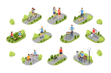 Fototapeta premium Isometric people walking in park. Friends eating on picnic, walk and play chess. Outdoor summer activities, bbq and work on bench, flawless vector scenes