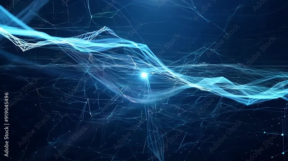 Poster dynamic blue wave patterns interact with light, creating an abstract visual experience in a digital 