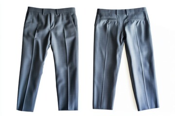 A pair of grey dress pants displayed on a white background