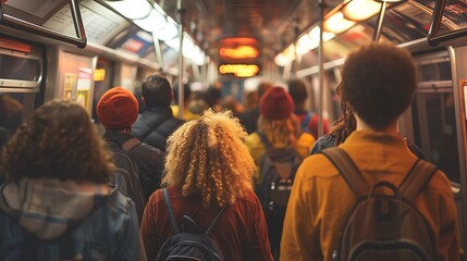 Naklejka premium Crowded subway car at rush hour, diverse passengers standing and seated, modern station platform visible, bright and clean overhead lights, detailed and vibrant scene, dynamic atmosphere, hd quality,