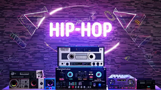 Neon inscription "hip hop" on the background of DJ equipment and music cassettes.