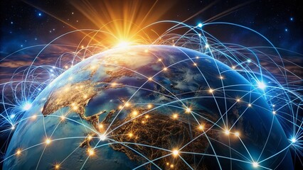 Glowing fiber optic cables connecting spheres representing continents, surrounded by orbiting satellites and circuits, symbolizing global network integration and digital communication revolution.