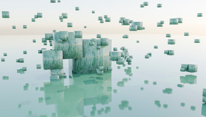 3D rendering of abstract turquoise color cubes against background