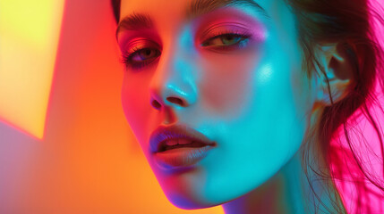 Fototapeta premium Woman's face under pink and blue neon lighting