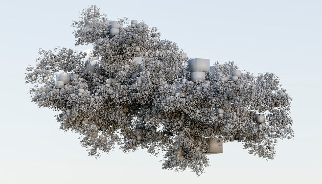 Abstract of 3D pixelated cubes in exploding pattern