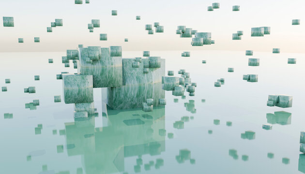 3D rendering of abstract turquoise color cubes against background