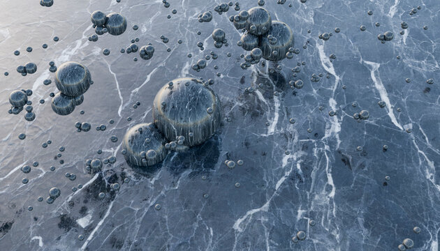3D rendering of bubbles and water molecules
