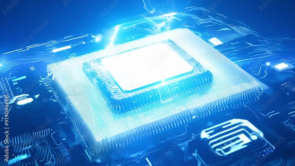 Poster a close-up view of a modern processor on a circuit board, showcasing intricate details and advanced 